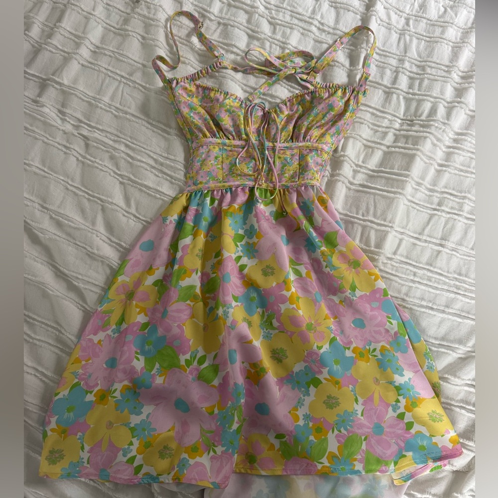 For Love and Lemons Satin Floral Sundress with Pastel Flowers